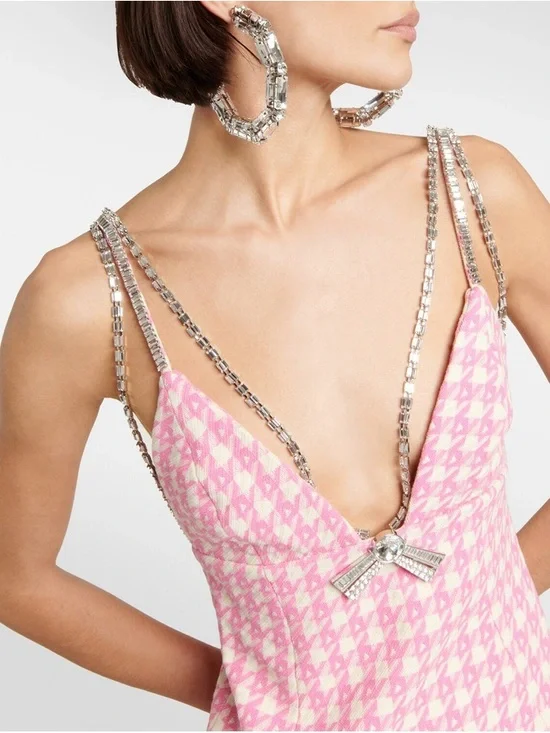 AREA Pink and White Tweed Dress with Silver Chain Detail - Picture 5 of 10